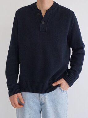 Eddie Bauer Navy Rib Knit Button Mock Neck Pullover Sweater Cotton Blend M